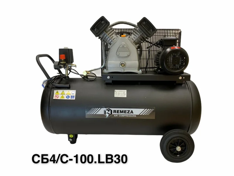 Компрессор поршневой 100.LB30 REMEZA (Белоруссия): 420 л/мин., 10 бар, ресивер 100 л., 2,2 кВт, 380В, габариты без упак. 1150х490х850 мм, 92 кг. - 1