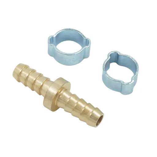 OPT-70808HH Штуцер соединительный латунный елочка-елочка 8 ? 8 мм, 2 обжимных оцинкованных стальных хомута - 1