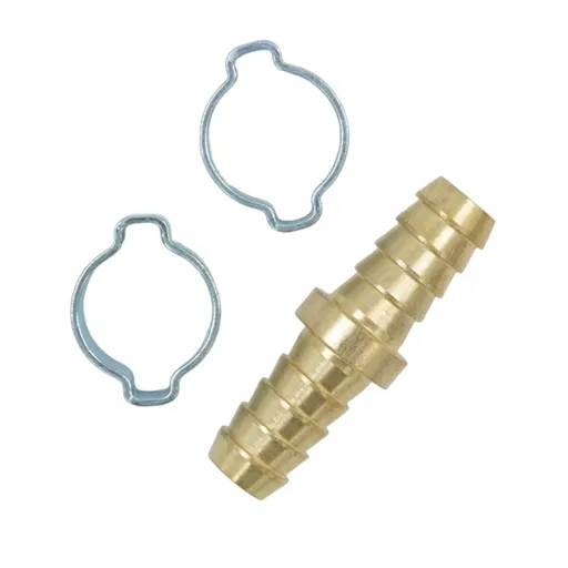 OPT-71010HH Штуцер соединительный латунный елочка-елочка 10 ? 10 мм, 2 обжимных оцинкованных стальных хомута - 1